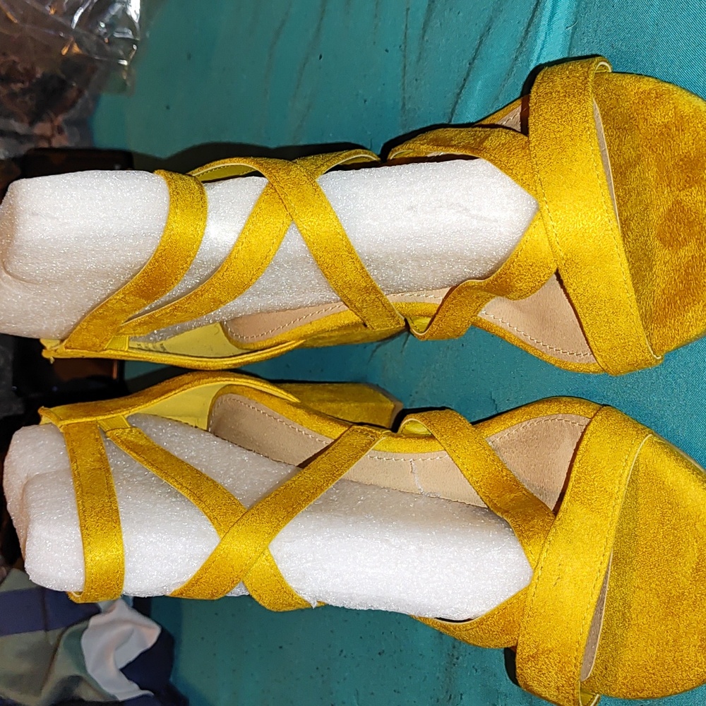 Mustard Block Ankle Wrap Heels